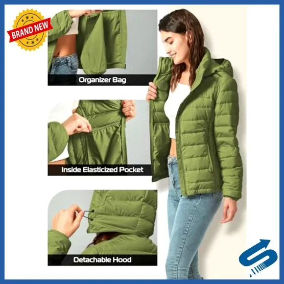 Lightweight Quilted Down Puffer Coat with Detachable Hood, Waterproof